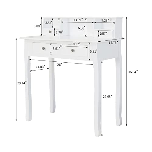 DMAITH Small White Writing Desk with Hutch – 32" Home Office Desk with Drawers | Compact Computer Desk, Vanity Makeup Table for Bedroom or Study Room DMAITH