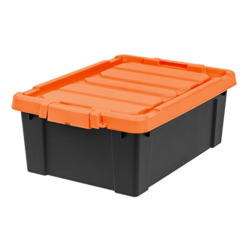 IRIS USA 12 Gallon Lockable Storage Bins with Lids, 2 Pack - Made in USA, Heavy Duty, Stackable Containers, Garage Organizing Bins Moving Tubs, Rugged Sturdy Equipment Utility Box - Black/Orange IRIS USA