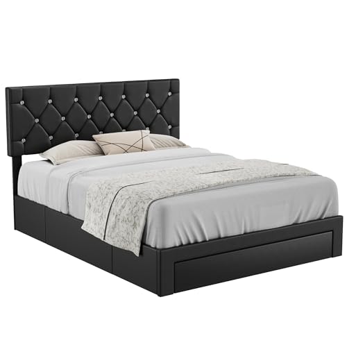 VECELO Full Size Bed Frame with 3 Storage Drawers, Leather Upholstered with Diamond Tufted Headboard, Solid Wood Slat Support & Steel Framework, PU & Black VECELO
