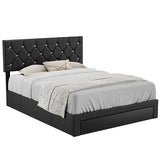 VECELO Full Size Bed Frame with 3 Storage Drawers, Leather Upholstered with Diamond Tufted Headboard, Solid Wood Slat Support & Steel Framework, PU & Black VECELO