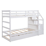 Merax Twin Over Twin Bunk Bed with Trundle, Solid Wood Stairway Bunk Bed Frame with 3 Storage Cabinet Staircase, No Spring Box Required, White Merax