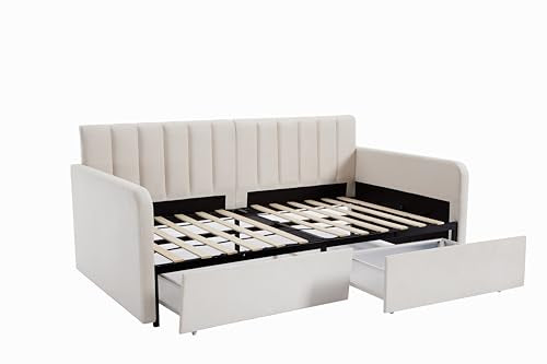 Twin Size Upholstered Daybed with 2 Drawers, Futon Sofa Bed with Storage, Ribbed Tufted Backrest Lavish Modern Design, Couch Bed Frame for Bedroom Living Room Guest Room Apartment,Beige Velvet GDFStudio