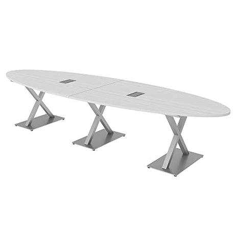 SKUTCHI DESIGNS INC. 10 Person Conference Table with Electric Modules and X Bases | Modular Oval Meeting Table | Harmony Series | 12Ft | White Cypress SKUTCHI DESIGNS INC.