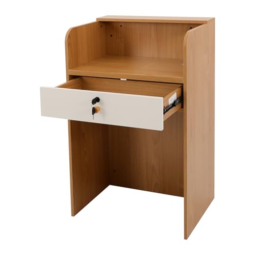 CNCEST L-Shaped Small Space Reception Desk with Locking Storage & LED Light, Modern Oak Front Desk Checkout Counter for Hotel, Shop, Beauty Salon, Office CNCEST
