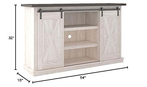 Signature Design by Ashley Dorrinson Farmhouse TV Stand Fits TVs up to 50" with Sliding Barn Doors and Storage Shelves, Whitewash & Gray - WoodArtSupply