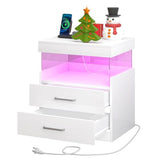 WelFurGeer High Glossy Night Stand, White LED Night Stand with Charger Station, Bedside Table with Drawers, Modern Nightstands, Wood Small Nightstand, Nightstands with Drawers for Bedroom WelFurGeer