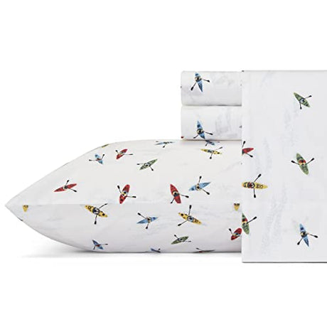 Eddie Bauer - Twin Sheet Set, Cotton Percale Bed Sheets, Crisp & Cool Home Decor, Dorm Room Essentials (Kayaks White, Twin) Eddie Bauer