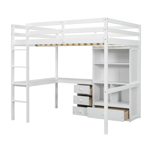 PVWIIK Full Size Loft Bed with Desk & Storage Shelves & Storage Drawers for Kids,Teens,Adults,High Loft Bed with Built-in Ladder & Guardrails,Space Saving,White PVWIIK