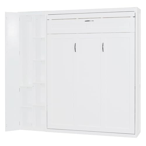 Ball & Cast Murphy Bed Full Size,Wall Chest with Shelves and 4 Drawers,Wood Hideaway Bed Cabinet Platform Bedframe w/LED Lights,can be Folded,Space-Saving,for Small Room,Dorms,White Ball & Cast