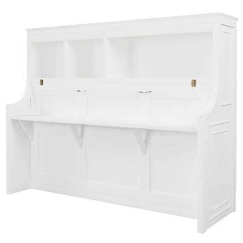 MERITLINE Twin Size Horizontal Murphy Bed with Desk and Storage Shelves, Wooden Twin Folding Murphy Wall Bed for Adult Home Office, Apartment, Small Spaces, White MERITLINE