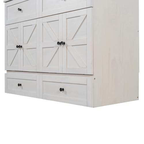 YOPTO Full Size Murphy Bed Chest,Folding Storage Wall Bed with Large Drawers,USB Ports & 2 Three-Prong Outlets,Hidden Cabinet Platform Bed W/Wood Slats Support,for Bedroom,Guest Room,Brushed White YOPTO