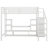Full Size Loft Bed with LED Light & TV Table, High Loft Beds with Charging Station & Storage Bookcase, Wardrobe, Heavy-Duty Metal Lofts Frame with Stairs for Kids, Teens & Adults Dorms, White Mirightone