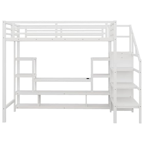 Full Size Loft Bed with LED Light & TV Table, High Loft Beds with Charging Station & Storage Bookcase, Wardrobe, Heavy-Duty Metal Lofts Frame with Stairs for Kids, Teens & Adults Dorms, White Mirightone
