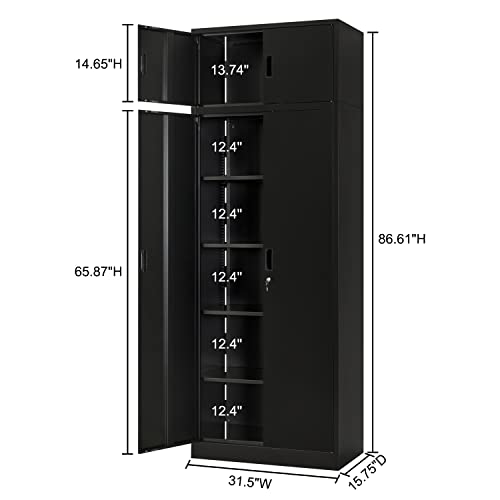 BESFUR Metal Storage Cabinet, 87 Inch Tall Locking Storage Cabinets with Top Cabinet Large Garage Storage Cabinet with Adjustable Shelves and Locking Doors for Office, Utility Room, Black BESFUR