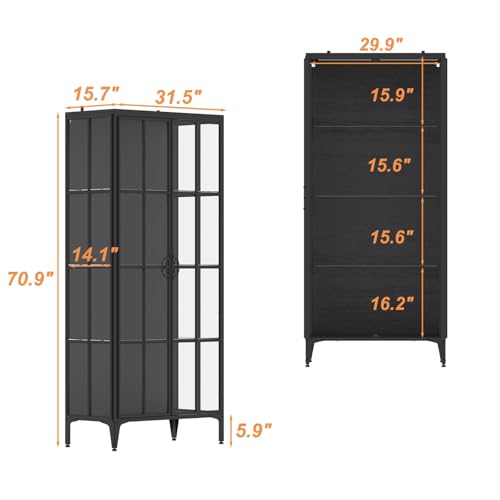 JOIKUJIA Display Cabinet with Glass Doors & LED Lights, Storage Cabinet with 4 Tier Glass Shelves & Metal Frame, Black, 31.5”W x 15.7”D x 70.9”H JOIKUJIA