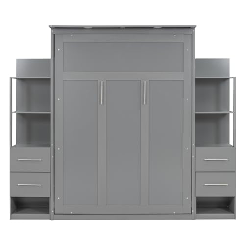 Harper & Bright Designs Full Murphy Bed with Storage Shelves, Drawers and LED Light, Cabinet Full Bed with Flexible Slats Support, Wood Foldable Wall Bed Frame for Home Office Studio, Gray Harper & Bright Designs