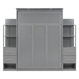 Harper & Bright Designs Full Murphy Bed with Storage Shelves, Drawers and LED Light, Cabinet Full Bed with Flexible Slats Support, Wood Foldable Wall Bed Frame for Home Office Studio, Gray Harper & Bright Designs