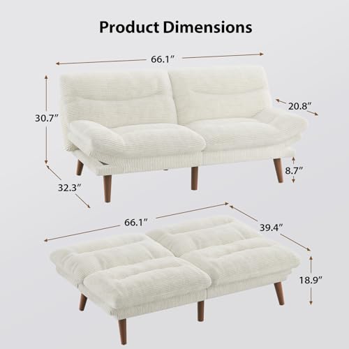 Pipishell Futon Sofa Bed, Modern 66" Futon Couch Convertible to Bed & Lounger, Compact Size, Corduroy Loveseat, Durable Construction - Fits Small Spaces, Apartments,Study Room (Beige White, 66 Inch) Pipishell