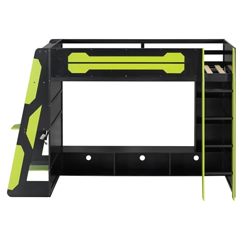 LUMISOL Twin Size Gaming Loft Bed with Desk, RGB LED Lights & Charging Stations, Wood Loft Bed Frame with Storage Bookshelves for Kids, Teens & Adults, Green + Black LUMISOL