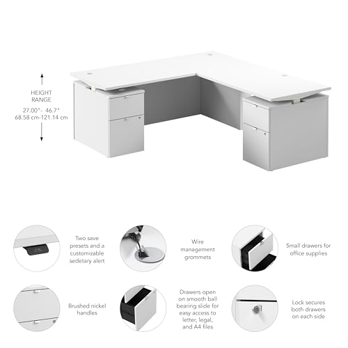 Bush Business Furniture 72-inch Height Adjustable L Shaped Standing Desk with Drawers, Ergonomic Sit-Stand Computer Table for Office, Stratus Collection, White with White Base Bush Furniture