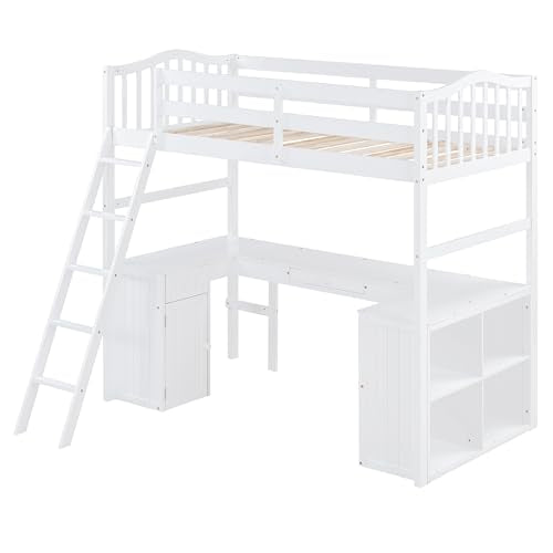 Merax Twin Size Loft Bed with Desk, Wooden Loft Bed Frame with Drawers, Cabinet, Shelves, and Desk, No Box Spring Needed, White Merax