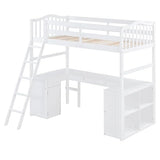 Merax Twin Size Loft Bed with Desk, Wooden Loft Bed Frame with Drawers, Cabinet, Shelves, and Desk, No Box Spring Needed, White Merax