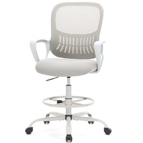 DUMOS Drafting Chair - Ergonomic Tall Office for Standing Desk, Counter with Height Adjustable and Comfortable Lumbar Support, Fixed Armrests, Grey DUMOS
