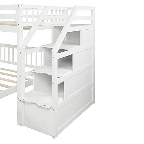 MERITLINE Twin Over Full L Shaped Bunk Beds with Stairs and Storage, Solid Wood Convertible Bunk Loft Beds with Storage Staircase and Guardrail, No Box Spring Needed (Twin Over Full,White) MERITLINE