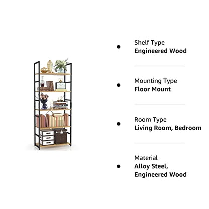 NUMENN 5-Tier Modern Bookshelf - Stylish Storage Organizer for Home & Office in Natural Finish - WoodArtSupply