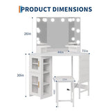 Garvee Corner Vanity Desk and Stool, Corner Makeup Vanity with Light Bulbs Mirror Charging Station and Cabinet for Bedroom, White Garvee