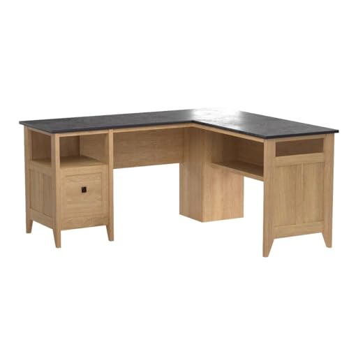 Sauder August Hill L-Shaped Desk, L: 59.06" x W: 58.74" x H: 29.25", Dover Oak finish - WoodArtSupply