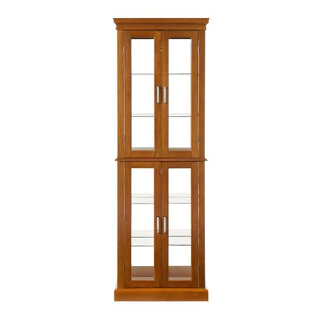 70" Lighted Curio Cabinet with Tempered Glass Doors - Oak Wooden Curio Cabinet for Collectibles, China & Antiques, Adjustable Glass Shelves, Lockable, Mirror Back E26 Bulb Not Included Anveffeg