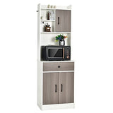 Giantex Pantry Organization and Storage, Tall Buffet Hutch Cabinet with Drawer Cabinet Shelf, High Cupboard Sideboard, Stationary Microwave Stand, Wood Countertop (White & Natural) Giantex