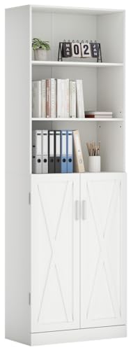 Loomie Industrial Boolshelf with Door, 6 Tier Farmhouse Book Shelf with Adjustable Shelves,70" Tall Display Etagere Bookcase,Floor Standing Unit Book Case Furniture for Home Office,Living Room (White) Loomie