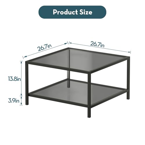 SAYGOER Modern Coffee Table Small Glass Coffee Table with Storage 2-Tier Simple Square Center Table for Living Room Home Office Sofa Table with Metal Frame 26.7 x 26.7 x 17.7 Inches, Gray Black SAYGOER
