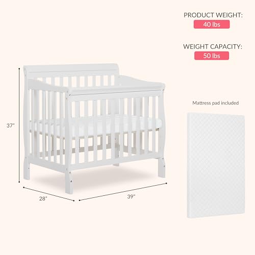 Dream On Me Aden 4-in-1 Convertible Mini Baby Crib, GREENGUARD Gold & BSA Certified, Sustainable Pinewood, Non-Toxic Finish, 3 Mattress Heights, Converts to Mini Day & Twin-Size Bed - White