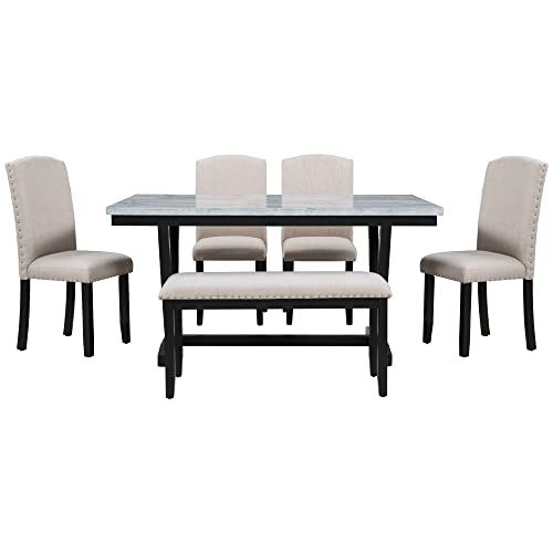 LUMISOL Faux Marble Dining Table Set with Bench and Chairs for 6 Persons Solid Wood Kitchen Dining Room Table Set, WarmWhite LUMISOL