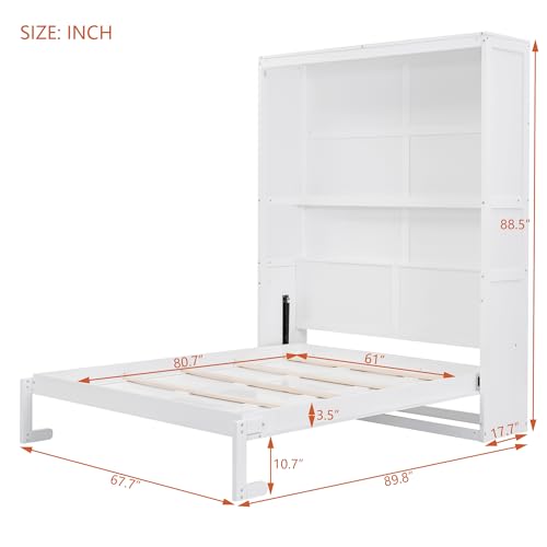 Merax Queen Size Murphy Bed, Wood Queen Murphy Hidden Wall Bed with Shelves for Home Office or Small Room, No Box Spring Needed, White Merax