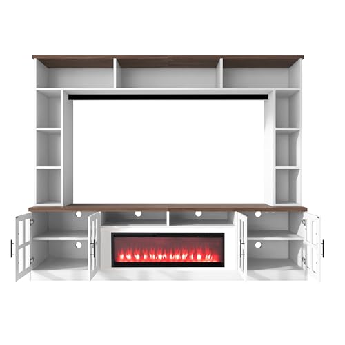 LUMISOL 95.5”W Wall Unit Entertainment Center with Bookshelves for TVs up to 80”, Modern TV Stand Media Console with Electric Fireplace Cabinets and Adjustable Shelves for Living Room, White+Walnut LUMISOL