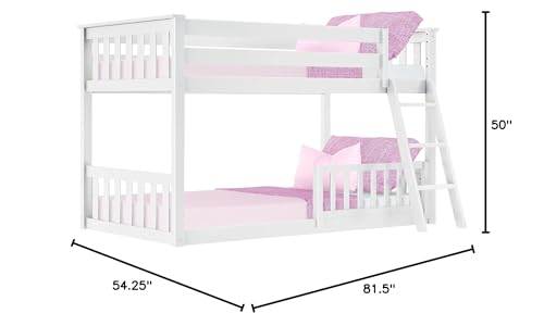 Max & Lily Low Bunk Bed, Twin-Over-Twin Bed Frame For Kids With 1 Guard Rail, White Max & Lily