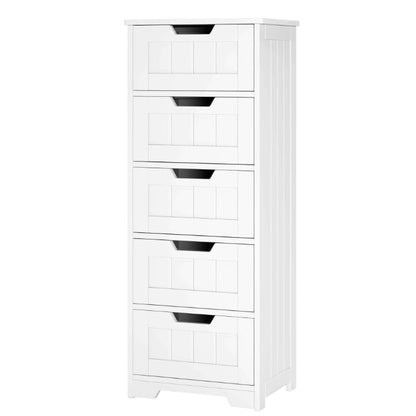 FOTOSOK Bathroom Floor Cabinet, Free-Standing Storage Cabinet with 5 Drawers, 11.8” x 15.7” x 40.1” Wooden Storage Cabinet with Cut-Out Handles, Side Tall Storage Cabinet for Bathroom, Living - WoodArtSupply