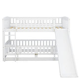 Merax Twin Over Twin Bunk Bed with Slide, Low Bunk Bed Frame with Convertible Ladder & Detachable Fence, Solid Pine Wood Structure for Bedroom, White Merax