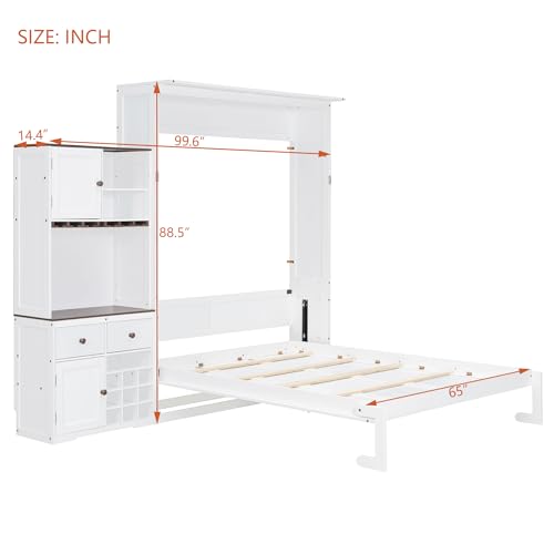 Merax Queen Size Murphy Bed, Wood Murphy Bed with Storage Cabinet, Wine Rack, Glass Holder, Drawers and Multi-Color LED Strip, White Merax