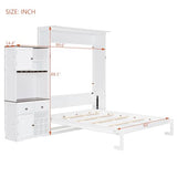 Merax Queen Size Murphy Bed, Wood Murphy Bed with Storage Cabinet, Wine Rack, Glass Holder, Drawers and Multi-Color LED Strip, White Merax