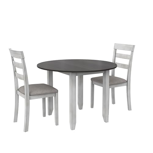 DHP Jersey 3-Piece Drop Leaf Wood Dining Set with Round Table and 2 Chairs, Oyster White/Brown