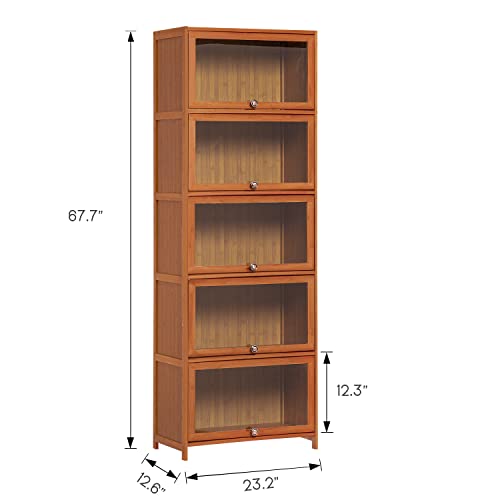 MoNiBloom Tall Narrow Bookcase with Acrylic Doors 5 Tier Free Standing Book Shelf Storage Organizer Save Space for Living Room Office, Brown