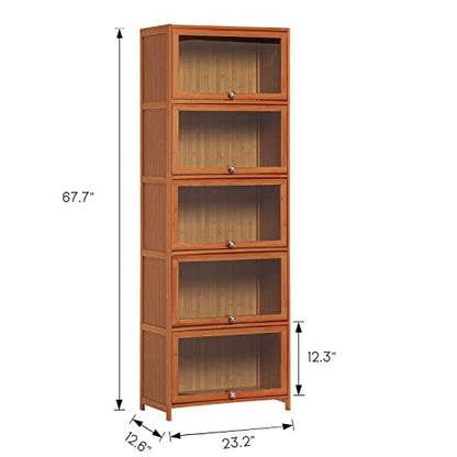 MoNiBloom Tall Narrow Bookcase with Acrylic Doors 5 Tier Free Standing Book Shelf Storage Organizer Save Space for Living Room Office, Brown - WoodArtSupply