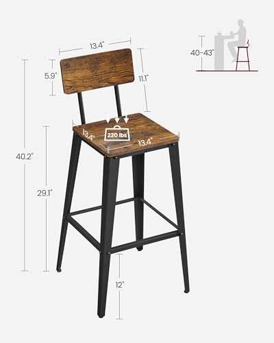 VASAGLE Industrial Style Set of 2 Backed Bar Stools with Steel Frame in Rustic Brown and Black VASAGLE