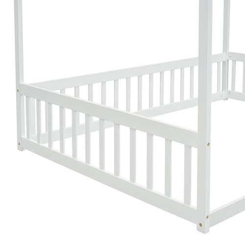 SOFTSEA Grey Full Size Canopy Bed Frame with Guardrails - Low Floor Design, Easy Assembly, No Box Spring Needed SOFTSEA