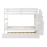 Twin Over Twin Bunk Bed with Trundle,Solid Wood Bunk Beds with Storage Stairs,Bunk Bed Twin Size with Stairs for Kids,Teens,Adults,White Bellemave